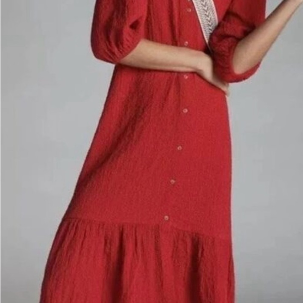 Anthropologie Red Ruffled Bishop Sleeve Sundress
